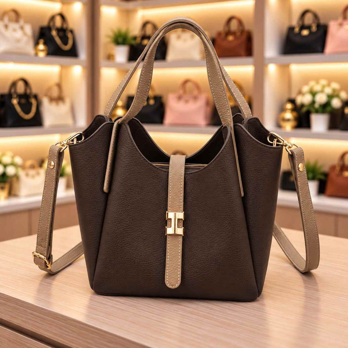 Dark chocolate bucket tote with taupe handles, strap and front tab and a gold clasp