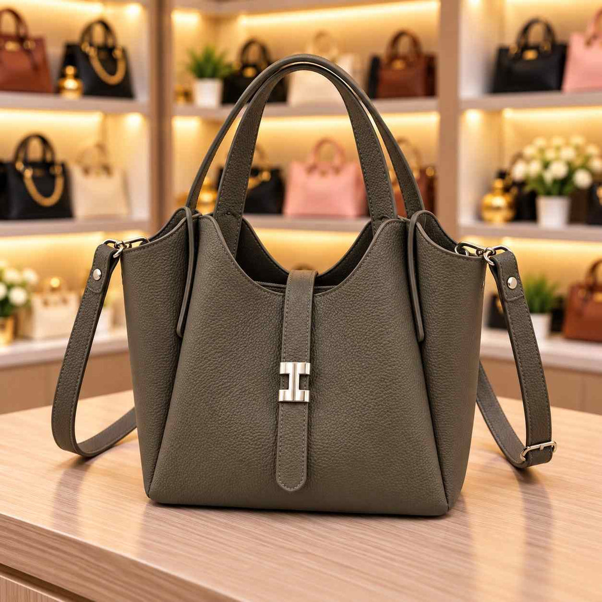 Grey pebbled bucket tote with a silver clasp strap, double handles and a crossbody strap