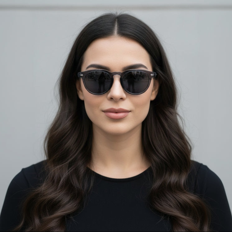 Woman wearing classic black sunglasses against a grey background
