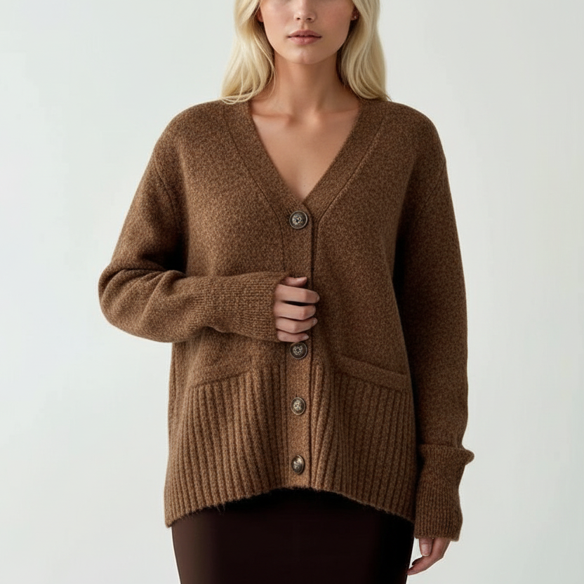 Brown cardigan in a soft wool knit with a deep V neckline
