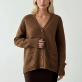 Brown cardigan in a soft wool knit with a deep V neckline