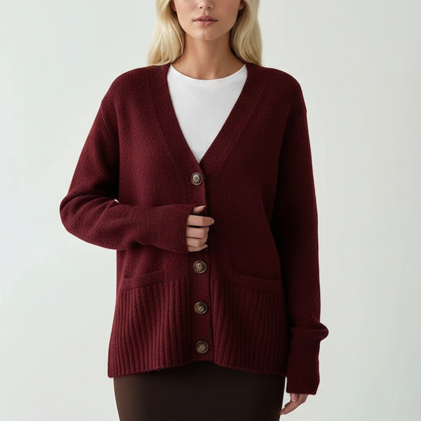 Red cardigan layered open, a white tee showing at the neck