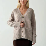 Beige button front cardigan for women in soft wool knit, V neckline and ribbed pockets