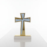 Blue panel framed by a broad polished gold border on a white block with a gold strip