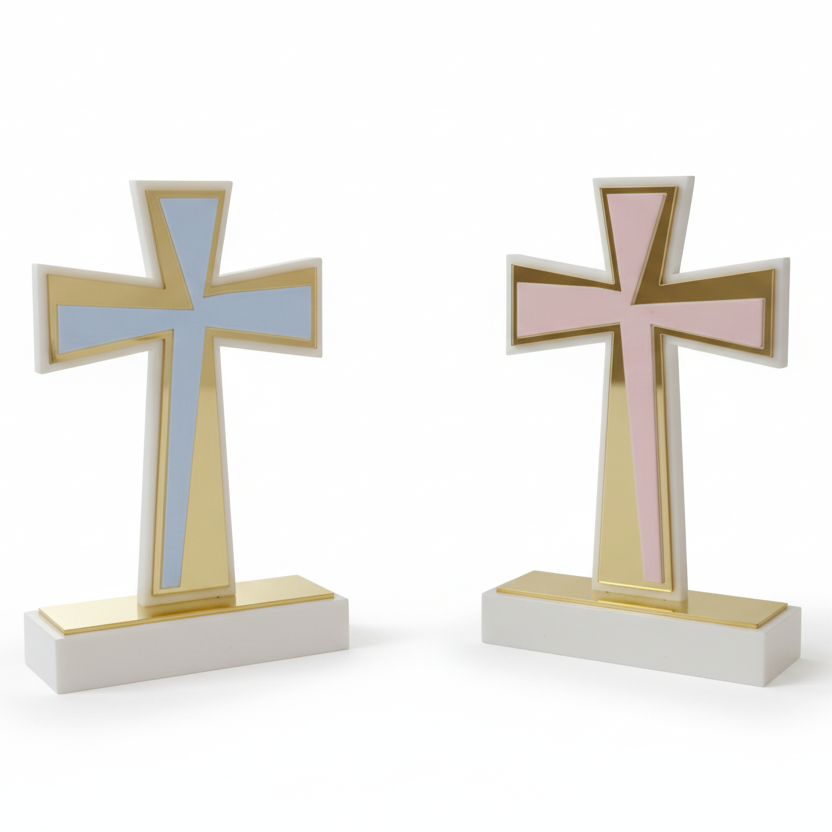 Both flared crosses angled together, blue on the left and pink on the right