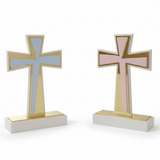 Both flared crosses angled together, blue on the left and pink on the right