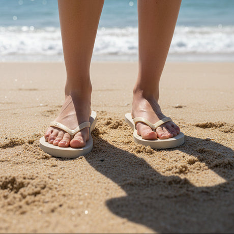Cream flip flops worn on dry sand, matte rubber straps over a flat matching sole
