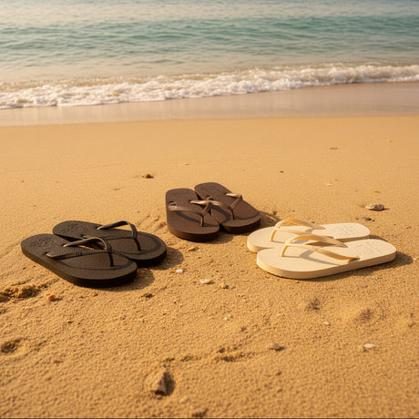 Three pairs of plain thong flip flops lined up on sand in dark brown, mid brown and cream