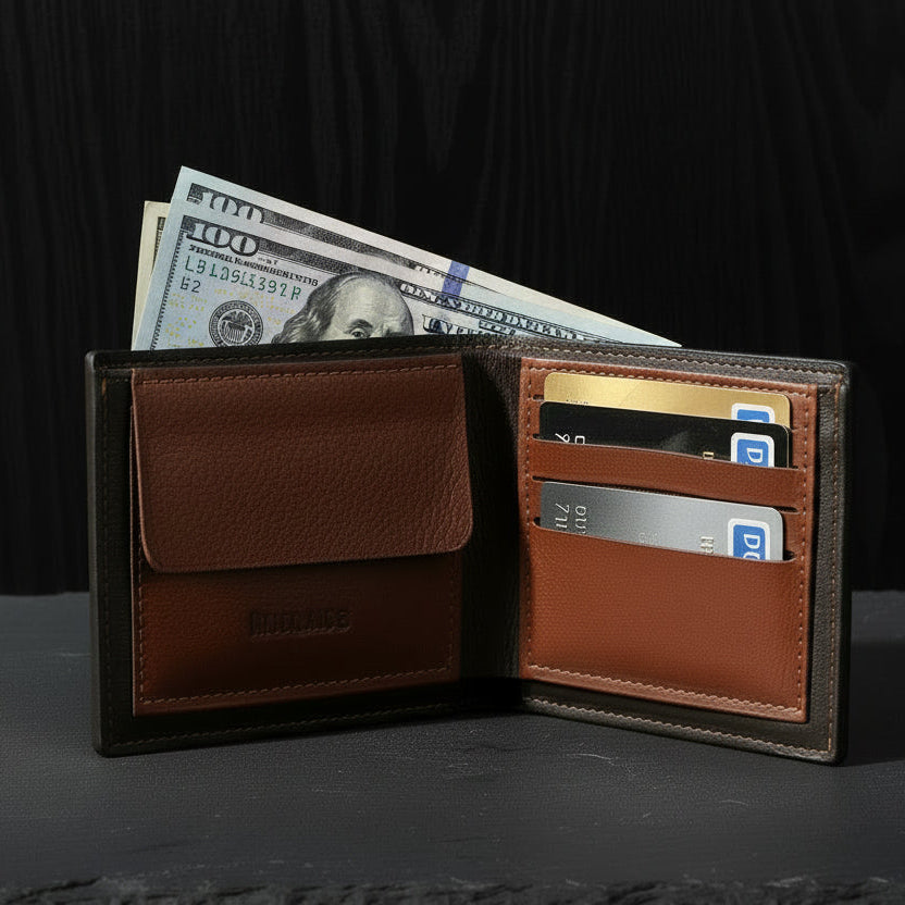 Open brown leather wallet with money and cards on a dark background