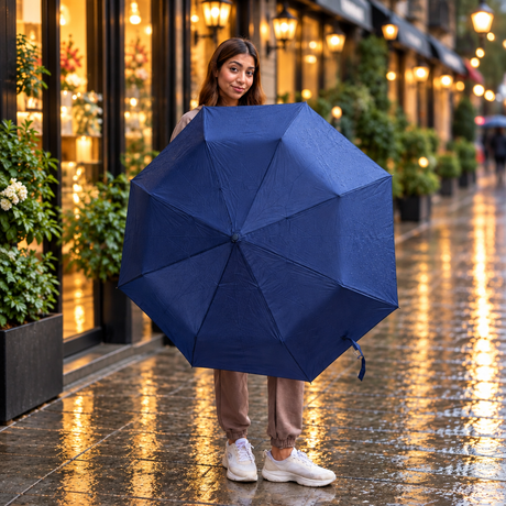 Woman holding open a plain navy folding umbrella outside a lit shopfront