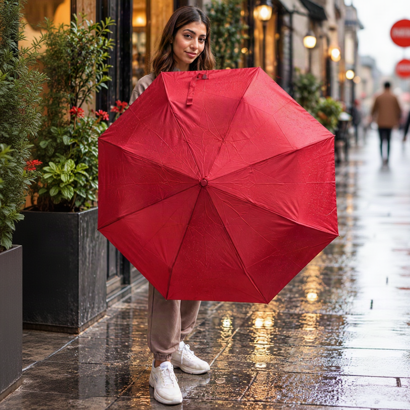 Woman holding open a bright red folding umbrella on a wet pavement