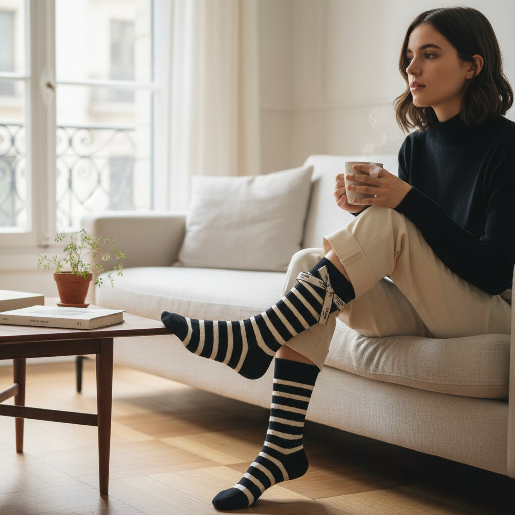 Woman sitting on a couch wearing black and white srtiped bow socks holding a mug in a cozy living room