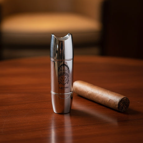 Silver lighter with an engraved face design on a wooden table next to a cigar