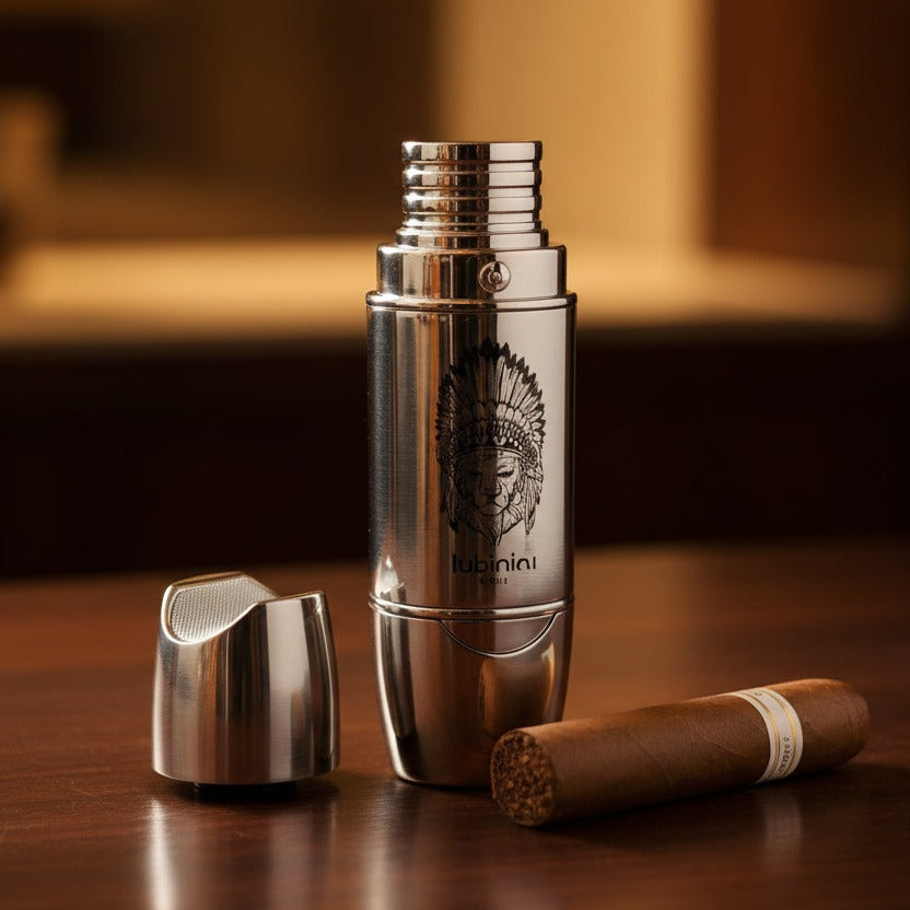 Silver torch lighter with a logo and a cigar on a wooden surface