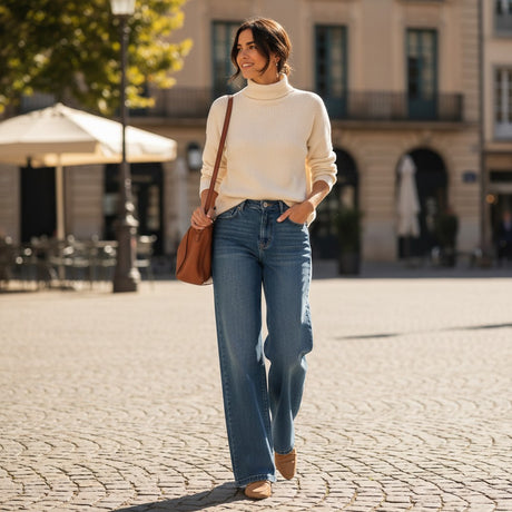 Woman wearing blue classic wide jeans walking on a cobblestone street in an urban setting