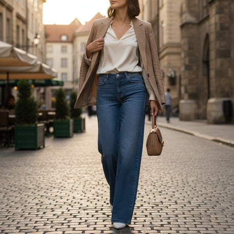 Woman walking down a street wearing a beige blazer, white shirt, blue wide jeans, and holding a brown handbag