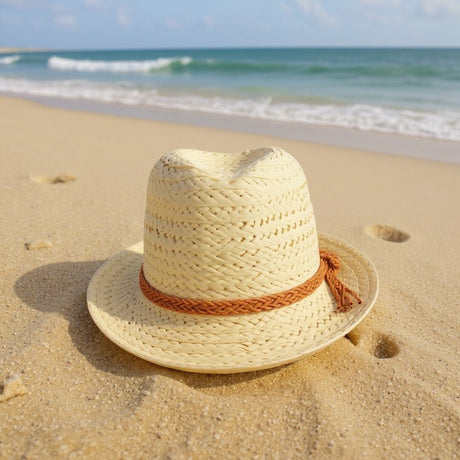 A woven straw hat with a brown braided band sits on sandy beach ground with the ocean and waves in the background
