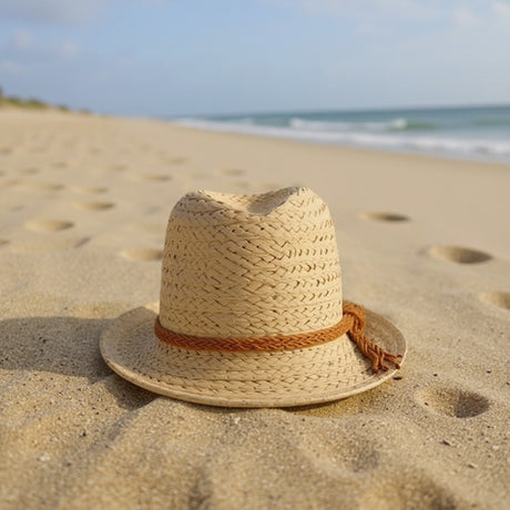 A woven straw hat with a brown braided band sits on a sandy beach with the ocean in the background