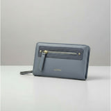 Blue women's wallet with zip pocket and gold details on a grey background