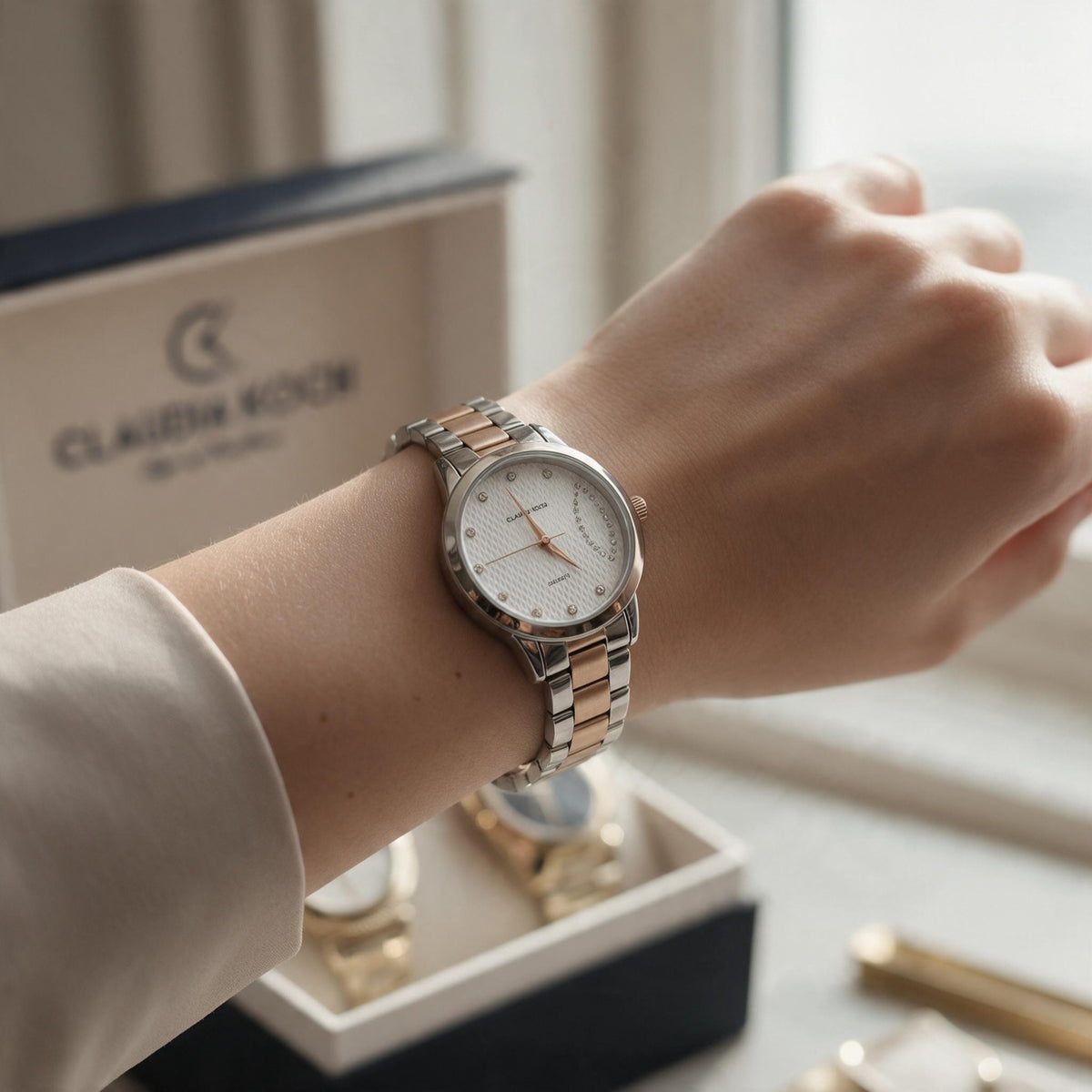 Rose gold and silver two tone watch with textured white dial worn on the wrist
