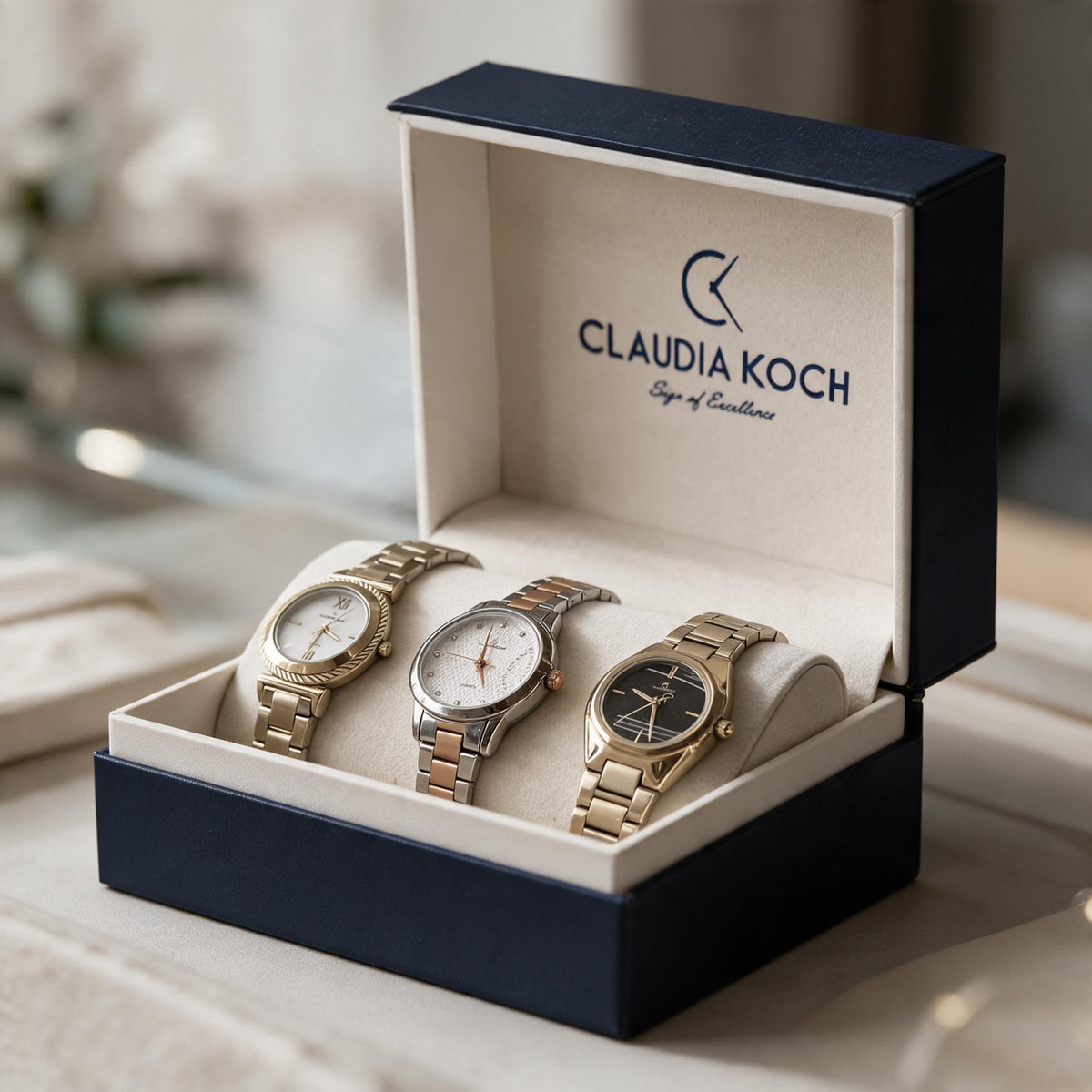 Three ladies watches in gold, two tone and gold with black dial in an open box