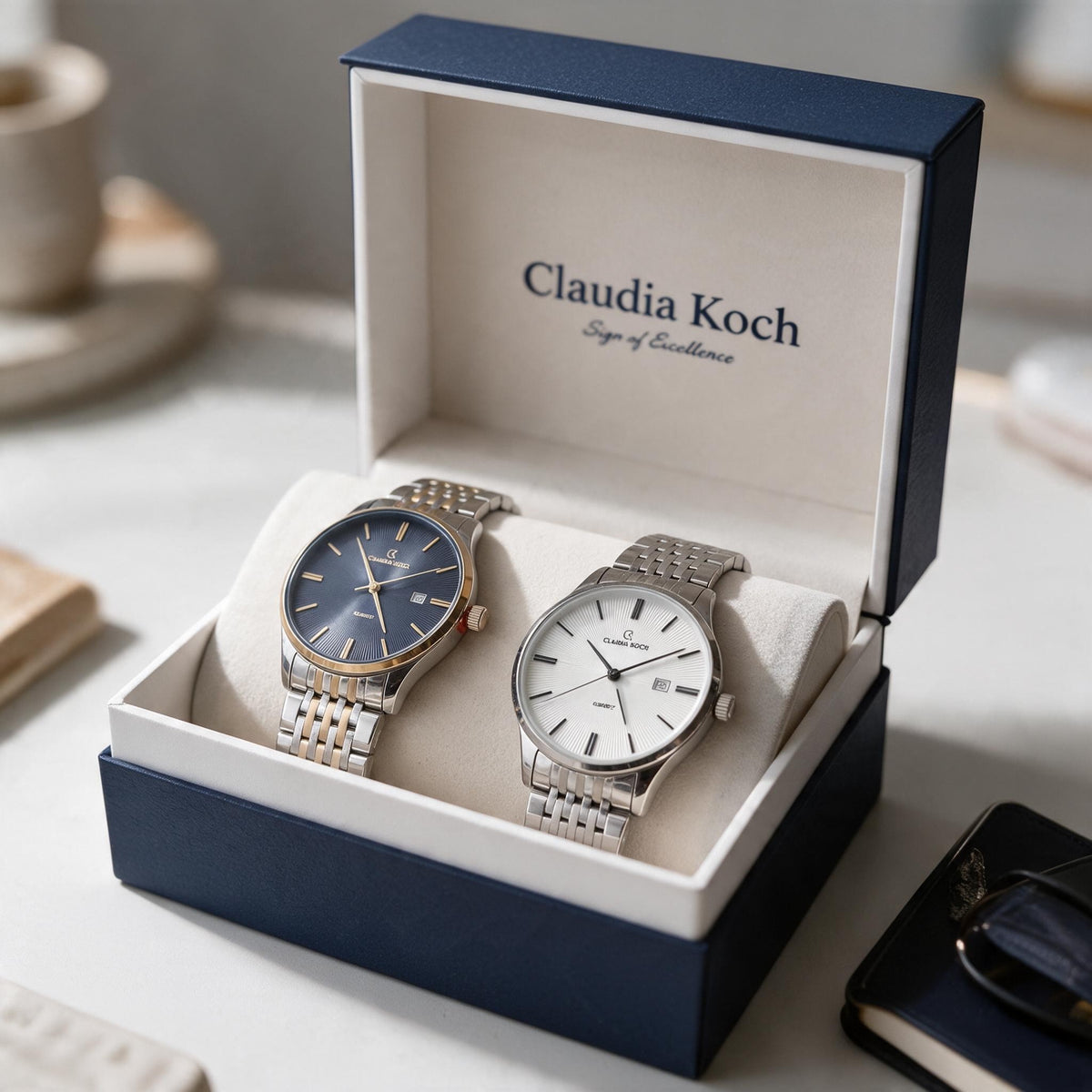 Two tone navy dial and silver white dial men's watches side by side in an open gift box