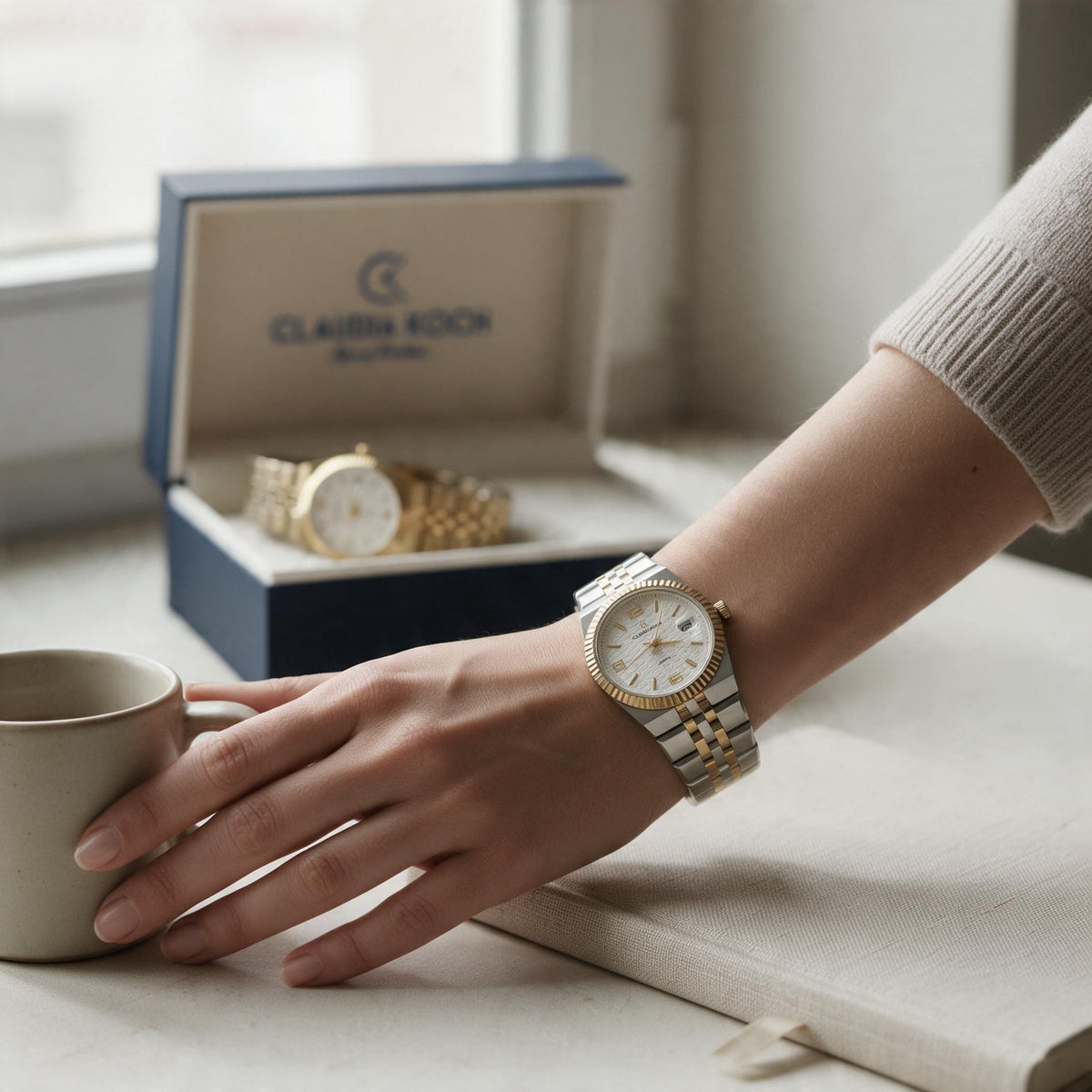 Two tone fluted bezel watch worn on a wrist resting by a coffee mug