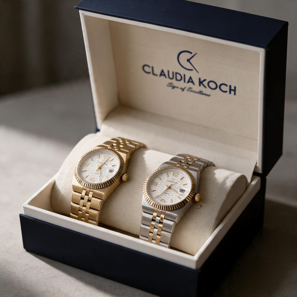Gold and two tone fluted bezel ladies watches side by side in an open gift box