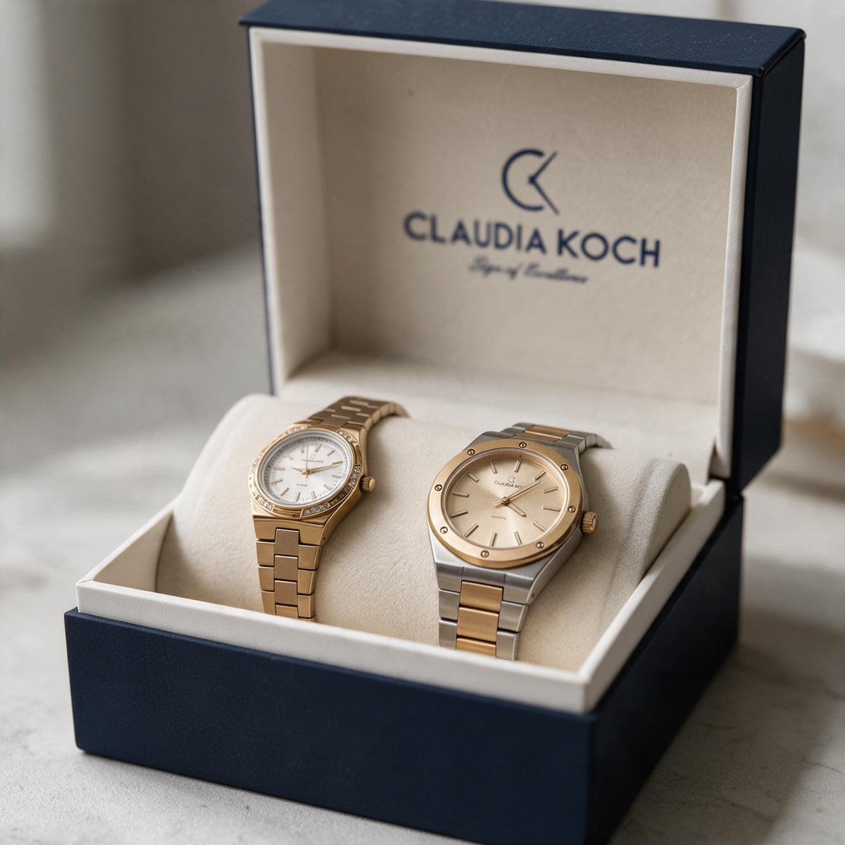 Two ladies watches in an open navy gift box, one gold with crystal bezel and one two tone