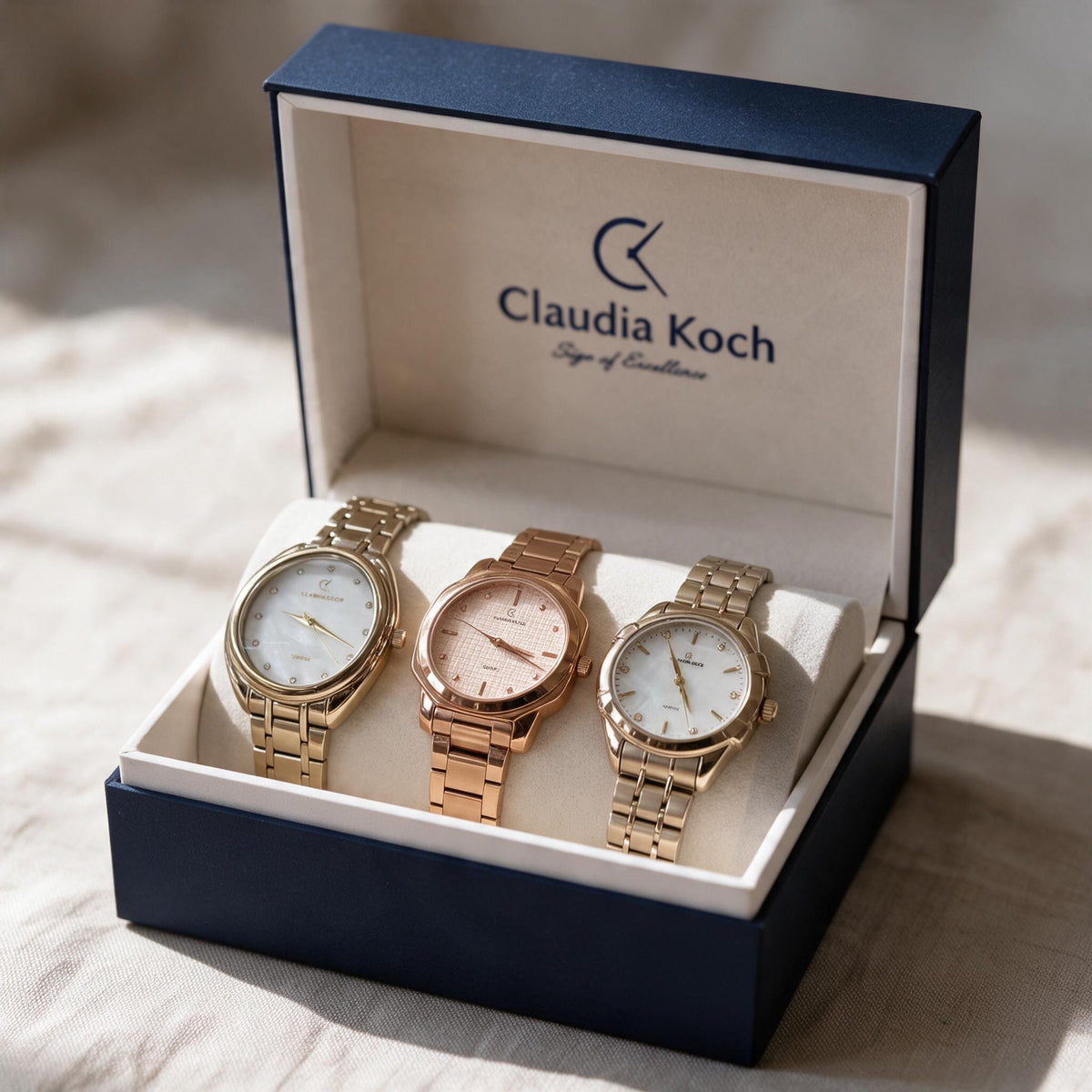 Three ladies watches in gold, rose gold and gold on a cushion in an open gift box