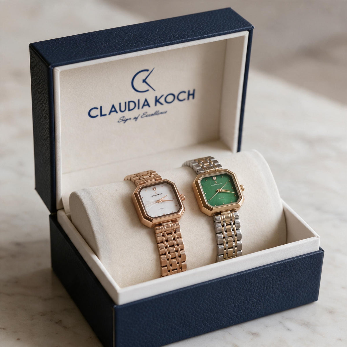 Rose gold and two tone green rectangle ladies watches in an open gift box