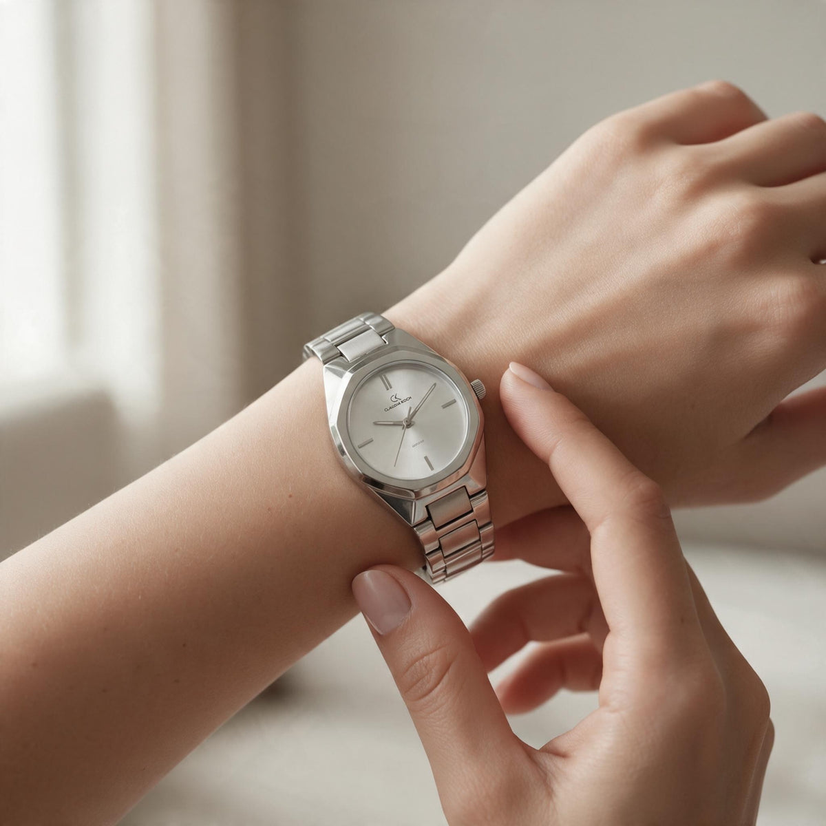 Silver steel watch with white dial being fastened on the wrist