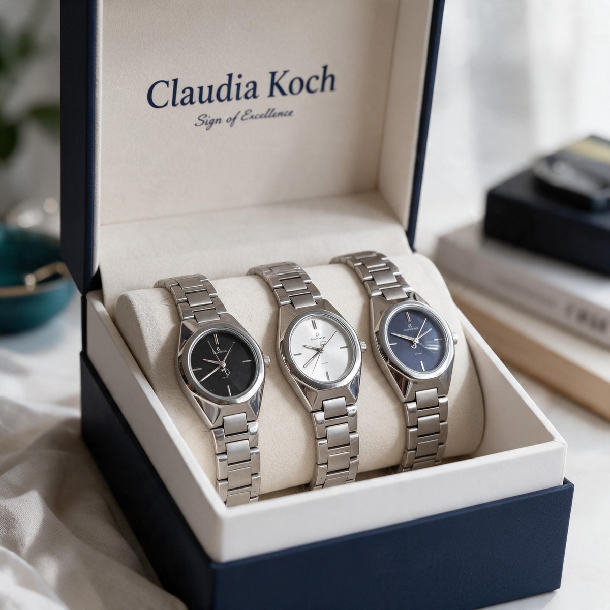 Three silver steel ladies watches with black, white and navy dials in a gift box