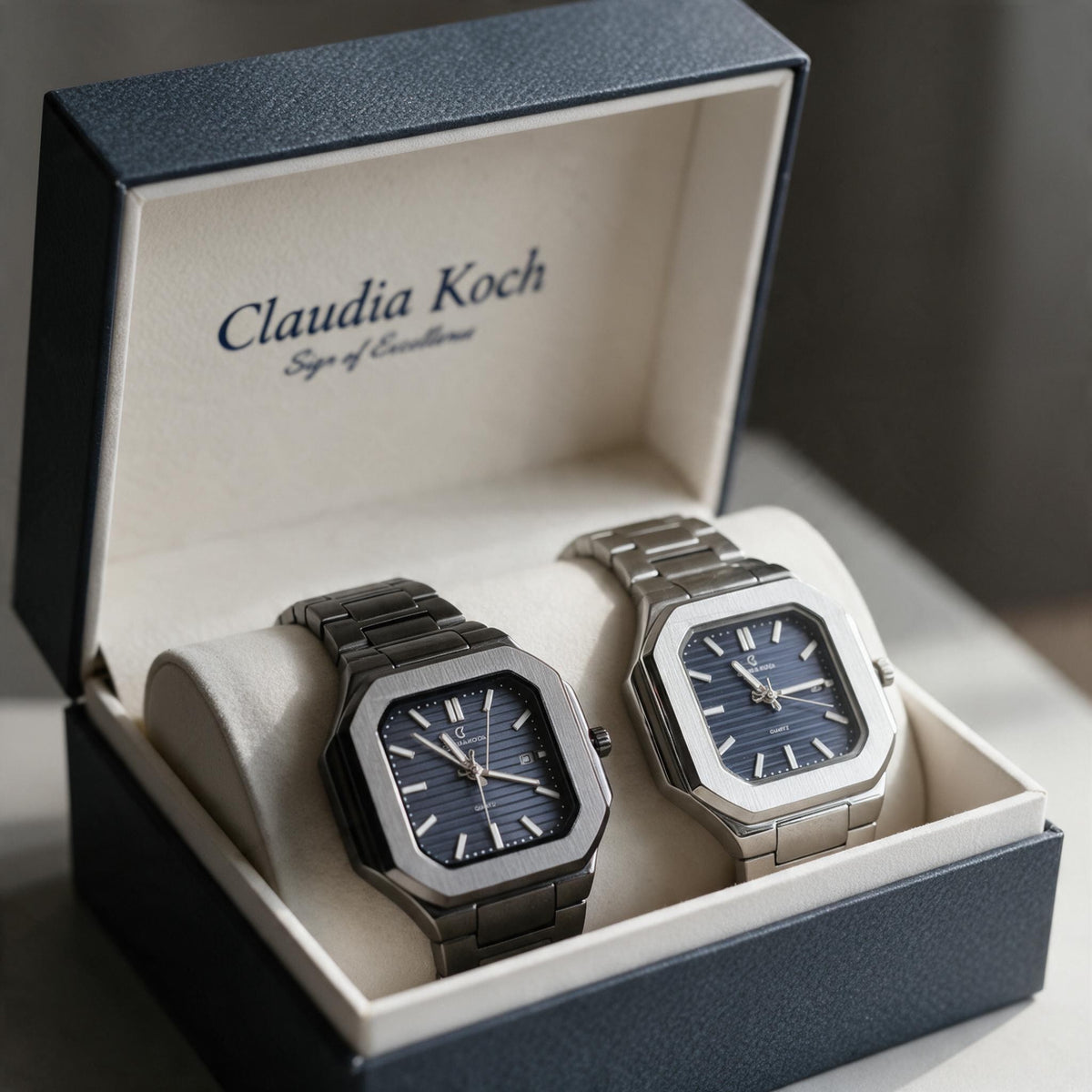 Gunmetal and silver octagon men's watches with navy dials in an open gift box