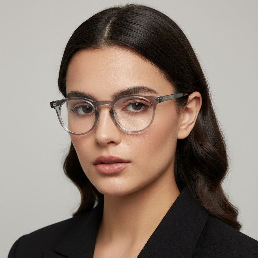 Woman wearing clear glasses with a neutral background
