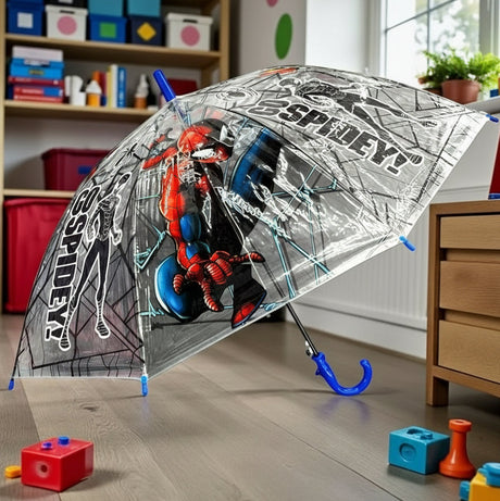Transparent dome kids umbrella open on a floor with a Spiderman web print and blue handle