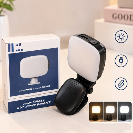 Clip on selfie light shown beside its box with three colour modes
