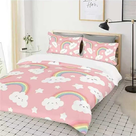 Pink kids bedding set with smiling clouds, rainbows and stars