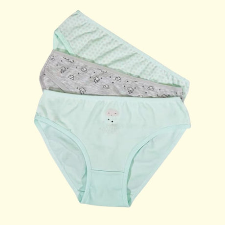 Three girls cotton briefs in mint and grey cloud print folded together