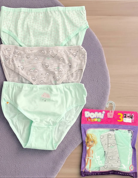 Pack of 3 girls cotton briefs in mint and grey with a cloud print