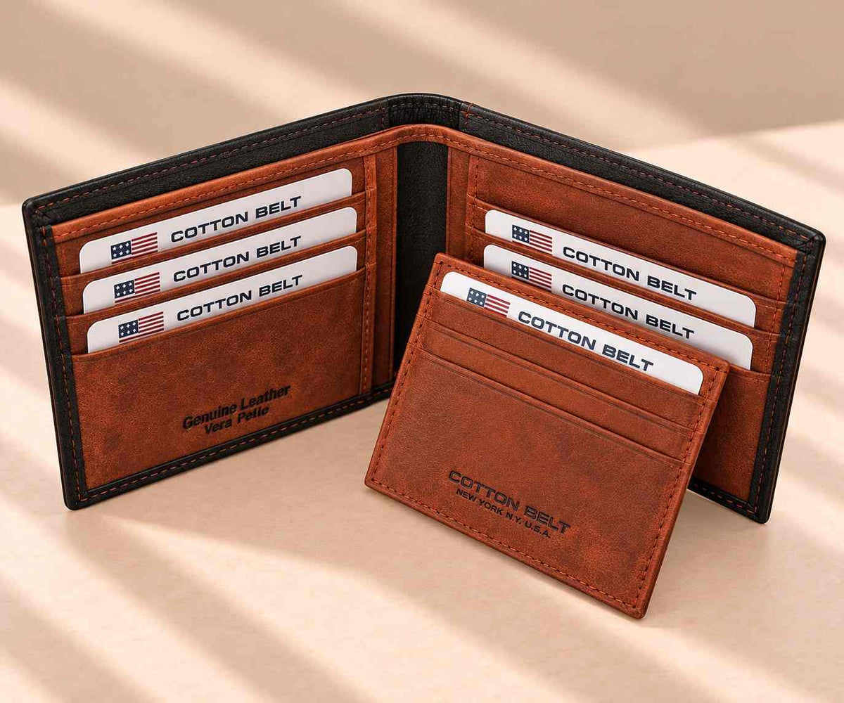 Warm tan bifold open at an angle with its tan card holder leaning in front