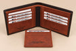 Cognac leather wallet interior with a dark outer edge and a matching card sleeve below
