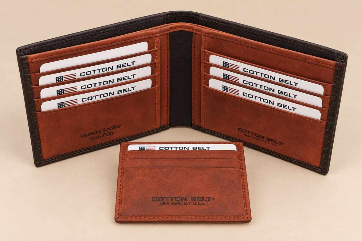 Cognac leather wallet interior with a dark outer edge and a matching card sleeve below
