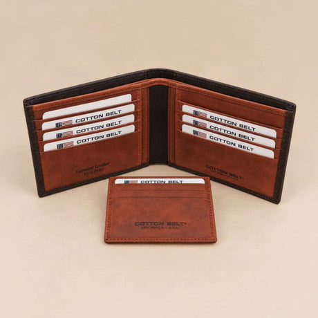 Cognac leather wallet interior with a dark outer edge and a matching card sleeve below