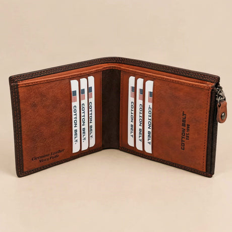Rust orange interior with six vertical card slots framed by dark brown stitching