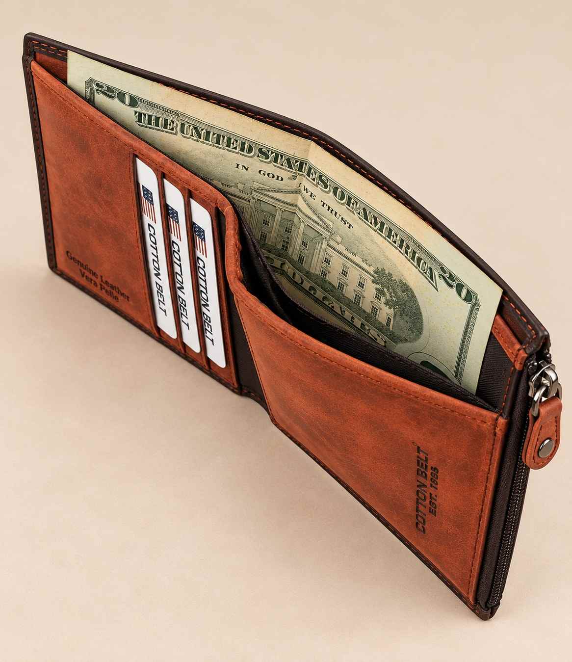Top view of the tall cognac wallet holding banknotes in its full height pocket