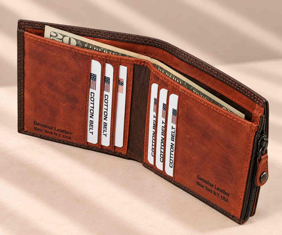 Cognac leather vertical wallet with cards in upright slots and a zipped edge