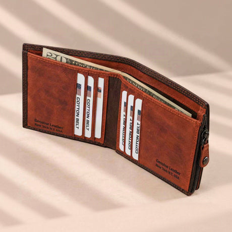 Cognac leather vertical wallet with cards in upright slots and a zipped edge