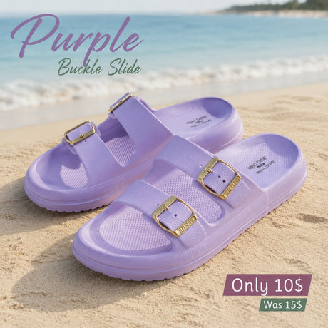 Purple pair on sand, gold buckle frames and a ridged moulded platform sole