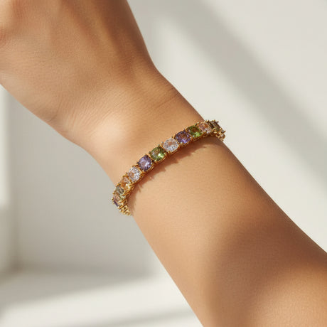 Colorful bracelet with gemstones on a person's hand